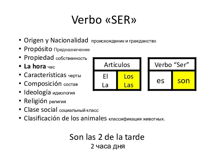 Verbo «SER» Origen y Nacionalidad происхождениe и гражданствo Propósito Предназначение Propiedad