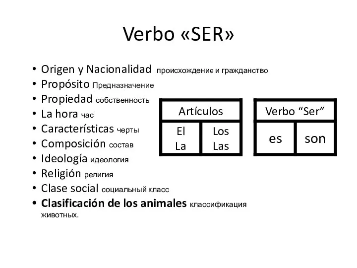 Verbo «SER» Origen y Nacionalidad происхождениe и гражданствo Propósito Предназначение Propiedad