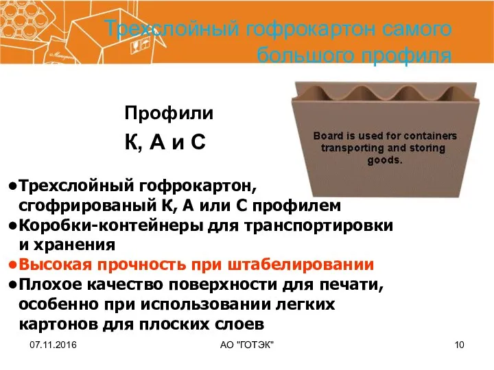 07.11.2016 АО "ГОТЭК" Трехслойный гофрокартон самого большого профиля Профили К, А