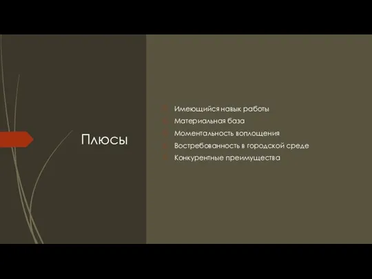 Плюсы Имеющийся навык работы Материальная база Моментальность воплощения Востребованность в городской среде Конкурентные преимущества