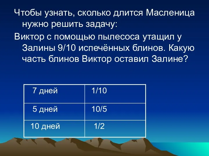 Чтобы узнать, сколько длится Масленица нужно решить задачу: Виктор с помощью