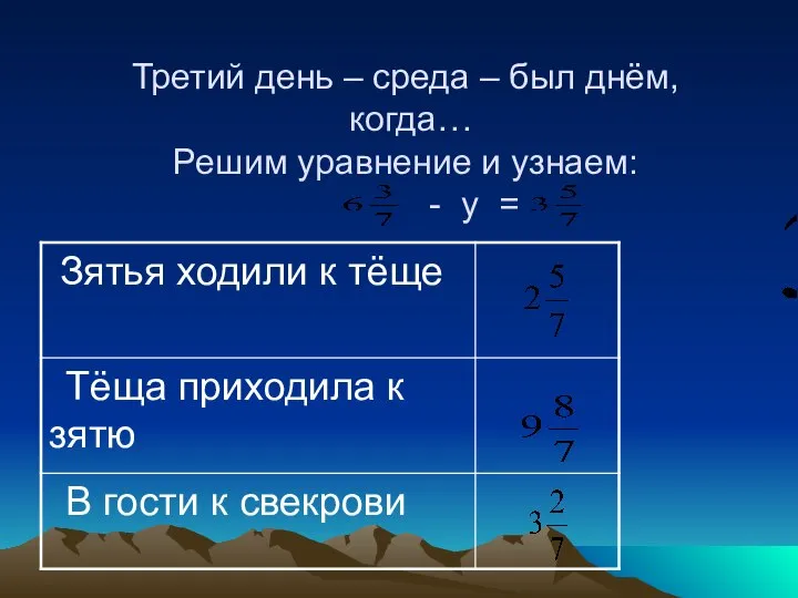 Третий день – среда – был днём, когда… Решим уравнение и узнаем: - у =