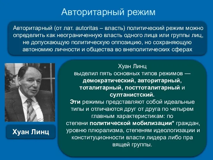 Авторитарный режим . Авторитарный (от лат. autoritas – власть) политический режим