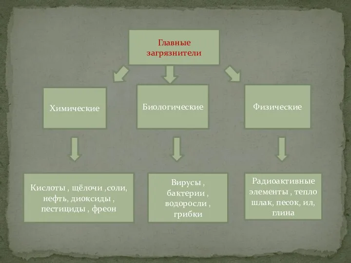 Главные загрязнители Химические Кислоты , щёлочи ,соли, нефть, диоксиды , пестициды