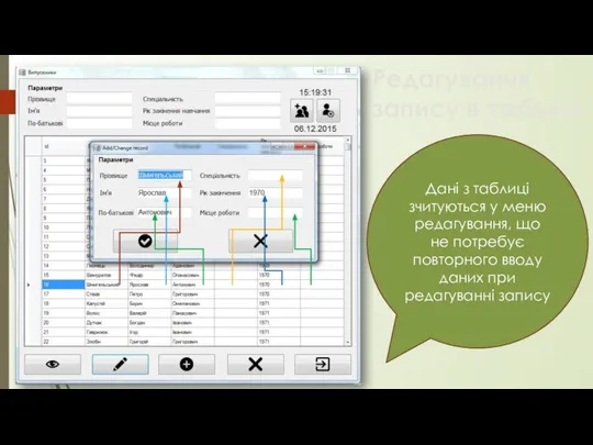 Редагування запису в таблиці Дані з таблиці зчитуються у меню редагування,