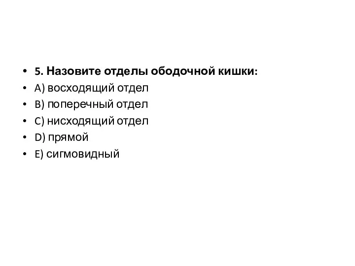 5. Назовите отделы ободочной кишки: A) восходящий отдел B) поперечный отдел