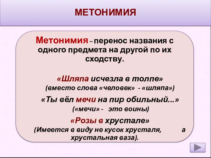 МЕТОНИМИЯ Метонимия – перенос названия с одного предмета на другой по