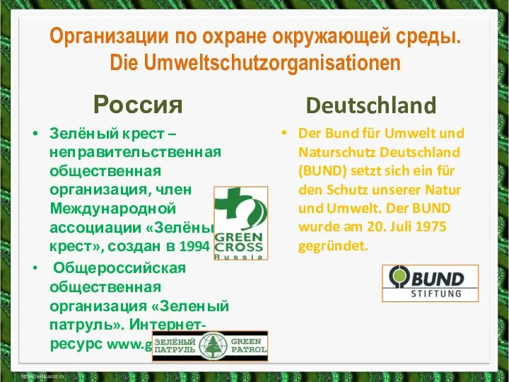 Организации по охране окружающей среды. Die Umweltschutzorganisationen Россия Зелёный крест –