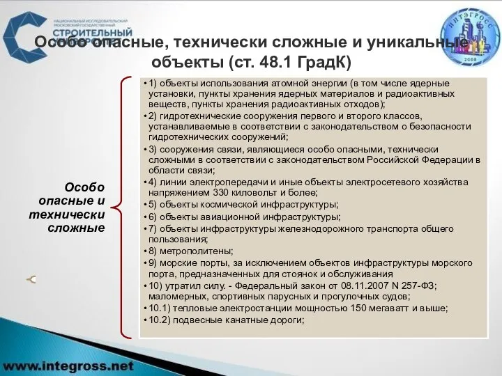 Особо опасные, технически сложные и уникальные объекты (ст. 48.1 ГрадК)