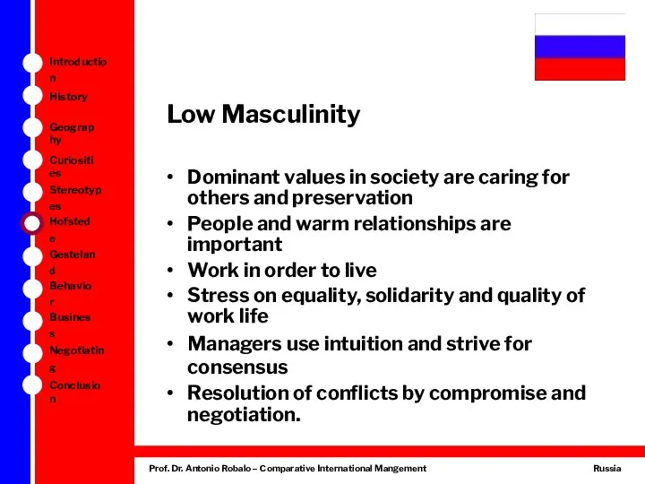 Low Masculinity Dominant values in society are caring for others and