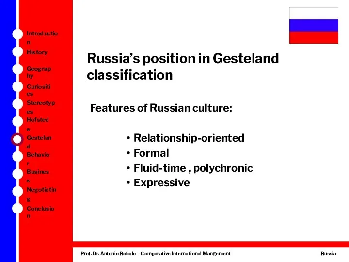 Russia’s position in Gesteland classification Features of Russian culture: Relationship-oriented Formal Fluid-time , polychronic Expressive