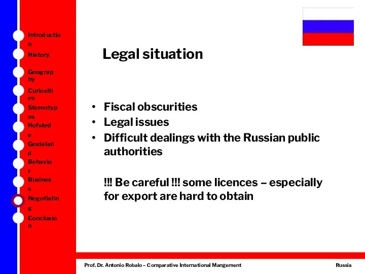 Legal situation Fiscal obscurities Legal issues Difficult dealings with the Russian