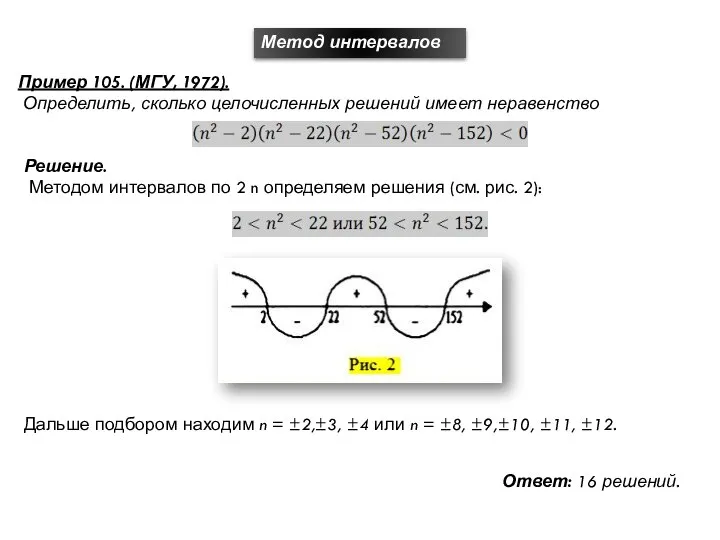 Метод интервалов Пример 105. (МГУ, 1972). Определить, сколько целочисленных решений имеет