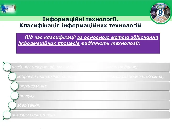 Інформаційні технології. Класифікація інформаційних технологій Під час класифікації за основною метою здійснення інформаційних процесів виділяють технології: