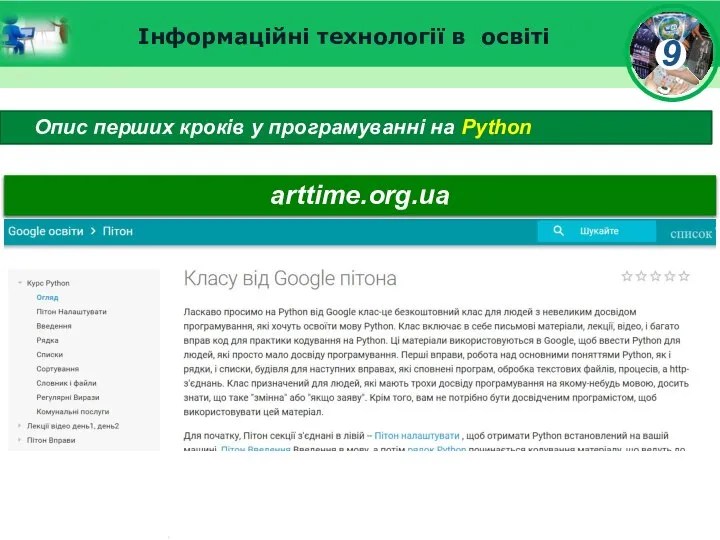 Інформаційні технології в освіті Опис перших кроків у програмуванні на Python arttime.org.ua