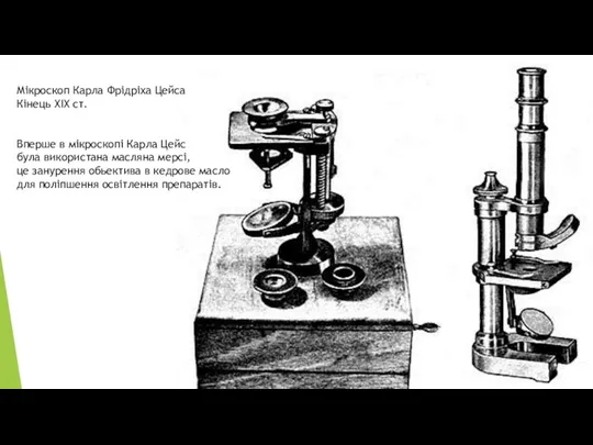 Мікроскоп Карла Фрідріха Цейса Кінець ХIX ст. Вперше в мікроскопі Карла