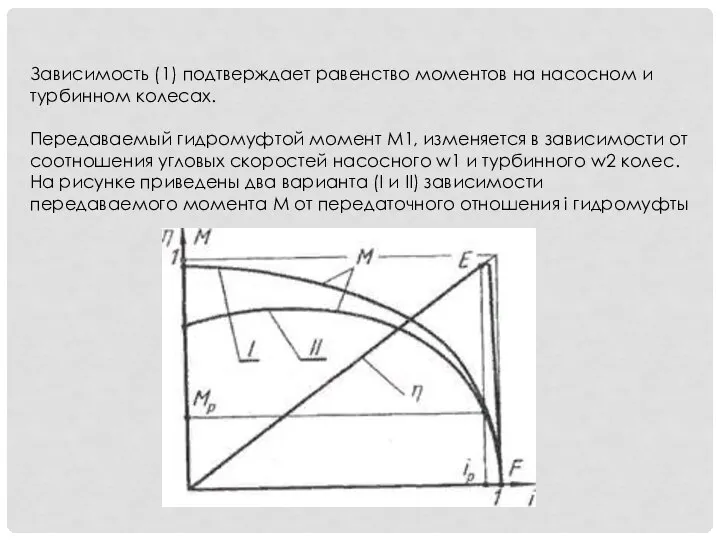 Зависимость (1) подтверждает равенство моментов на насосном и турбинном колесах. Передаваемый