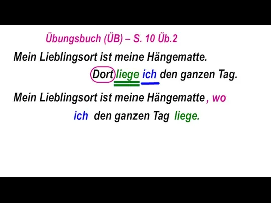 Übungsbuch (ÜB) – S. 10 Üb.2 Mein Lieblingsort ist meine Hängematte.