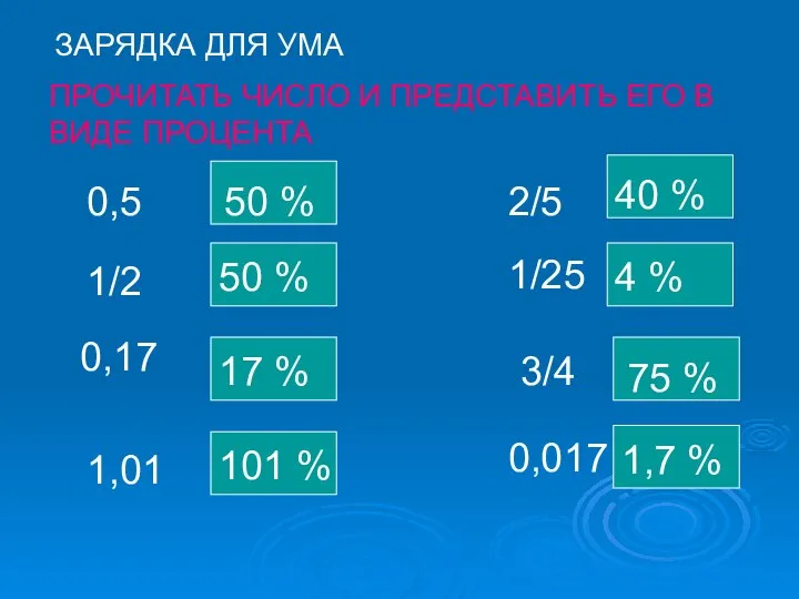 ЗАРЯДКА ДЛЯ УМА ПРОЧИТАТЬ ЧИСЛО И ПРЕДСТАВИТЬ ЕГО В ВИДЕ ПРОЦЕНТА