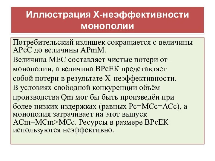 Иллюстрация Х-неэффективности монополии Потребительский излишек сокращается с величины АРсС до величины