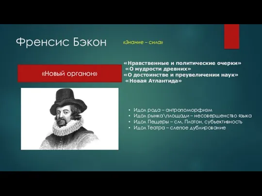 Френсис Бэкон «Новый органон» «Нравственные и политические очерки» «О мудрости древних»