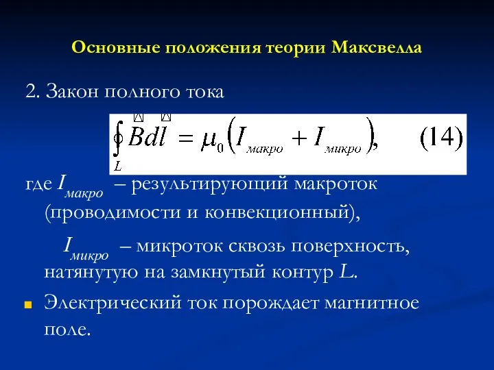 Основные положения теории Максвелла 2. Закон полного тока где Iмакро –