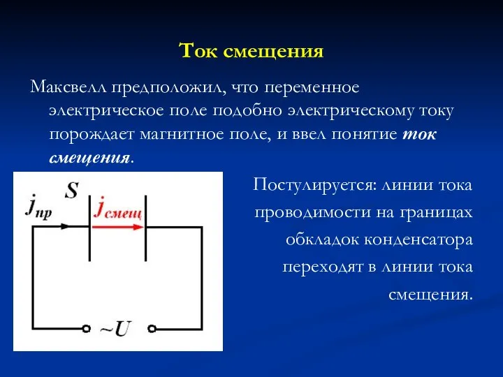 Ток смещения Максвелл предположил, что переменное электрическое поле подобно электрическому току