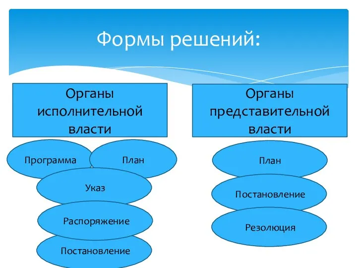 Формы решений: Органы исполнительной власти Органы представительной власти Программа План Постановление Указ Распоряжение План Постановление Резолюция