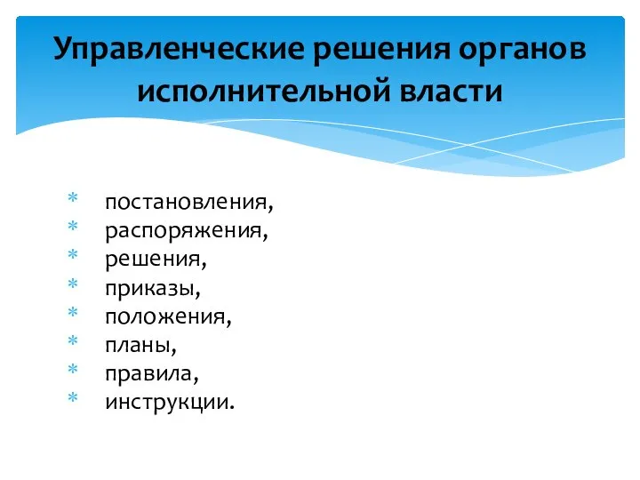 постановления, распоряжения, решения, приказы, положения, планы, правила, инструкции. Управленческие решения органов исполнительной власти