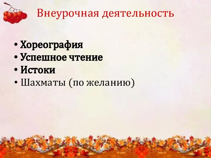 Внеурочная деятельность Хореография Успешное чтение Истоки Шахматы (по желанию)