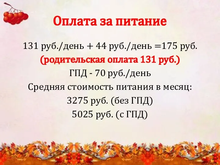 Оплата за питание 131 руб./день + 44 руб./день =175 руб. (родительская