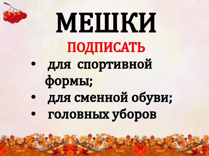 МЕШКИ ПОДПИСАТЬ для спортивной формы; для сменной обуви; головных уборов