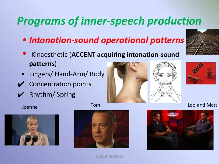 Programs of inner-speech production ENGLISHNESSING® Intonation-sound operational patterns Kinaesthetic (ACCENT acquiring