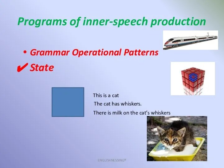 Programs of inner-speech production ENGLISHNESSING® Grammar Operational Patterns State This is