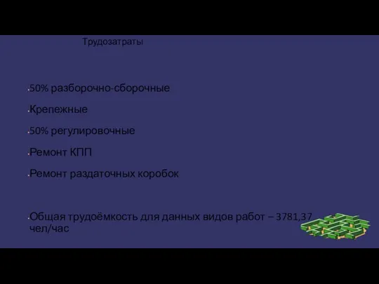 Трудозатраты 50% разборочно-сборочные Крепежные 50% регулировочные Ремонт КПП Ремонт раздаточных коробок