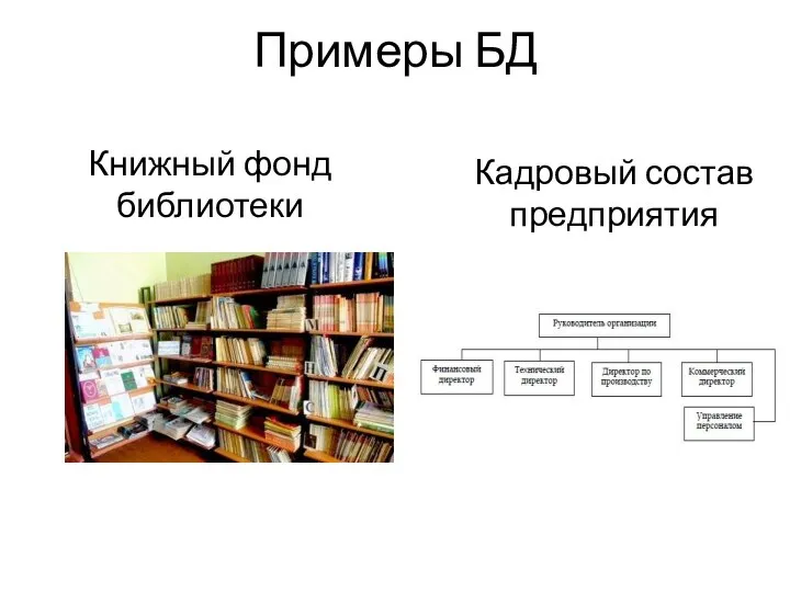 Примеры БД Книжный фонд библиотеки Кадровый состав предприятия