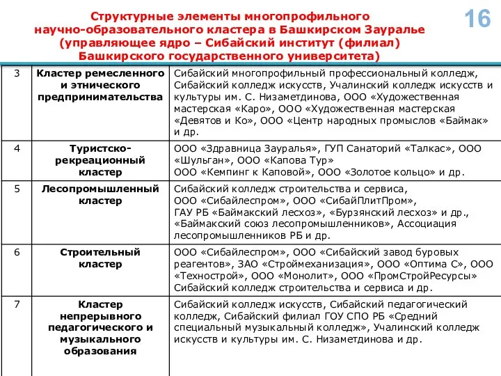 Структурные элементы многопрофильного научно-образовательного кластера в Башкирском Зауралье (управляющее ядро –