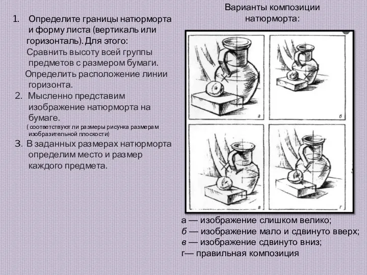 Определите границы натюрморта и форму листа (вертикаль или горизонталь). Для этого: