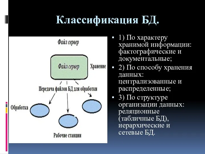 Классификация БД. 1) По характеру хранимой информации: фактографические и документальные; 2)