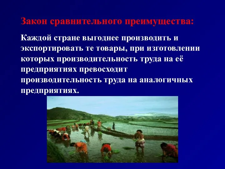 Закон сравнительного преимущества: Каждой стране выгоднее производить и экспортировать те товары,