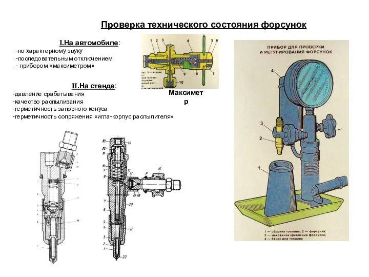 Проверка технического состояния форсунок I.На автомобиле: -по характерному звуку -последовательным отключением