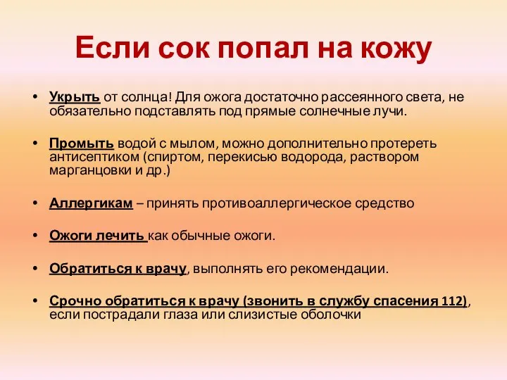 Если сок попал на кожу Укрыть от солнца! Для ожога достаточно