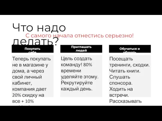 С самого начала отнестись серьезно! Что надо делать? Покупать себе Приглашать