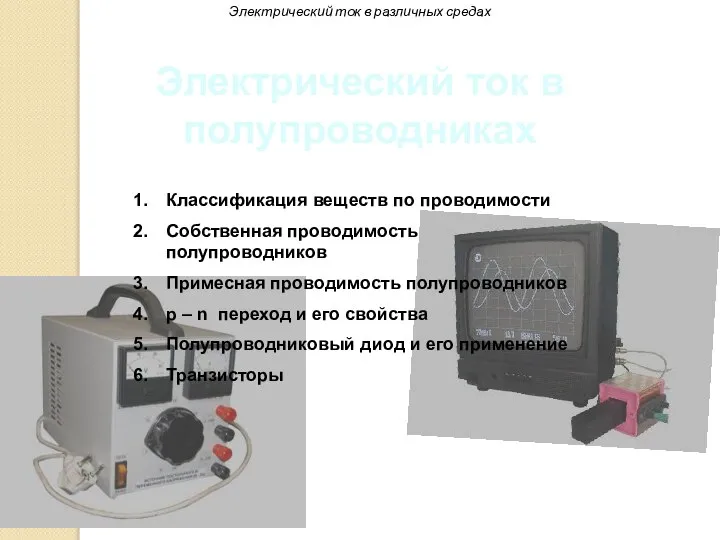 Классификация веществ по проводимости Собственная проводимость полупроводников Примесная проводимость полупроводников p