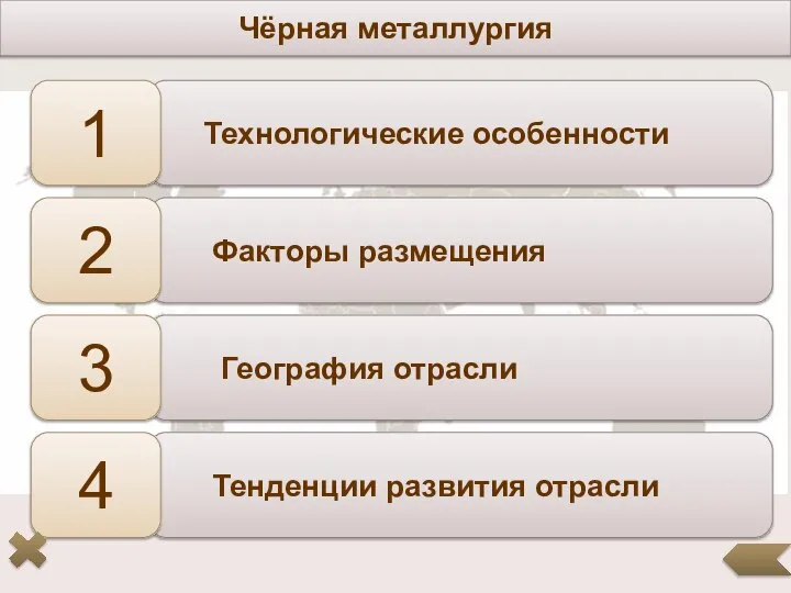Тенденции развития отрасли География отрасли Факторы размещения Технологические особенности Чёрная металлургия 1 2 3 4