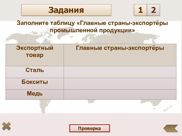 Задания 1 Заполните таблицу «Главные страны-экспортёры промышленной продукции» Проверка 2