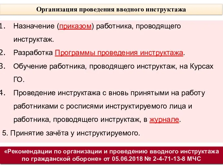 Организация проведения вводного инструктажа Назначение (приказом) работника, проводящего инструктаж. Разработка Программы