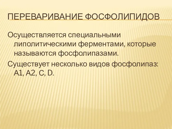 ПЕРЕВАРИВАНИЕ ФОСФОЛИПИДОВ Осуществляется специальными липолитическими ферментами, которые называются фосфолипазами. Существует несколько