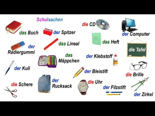 das Buch der Computer der Radiergummi der Spitzer das Lineal das