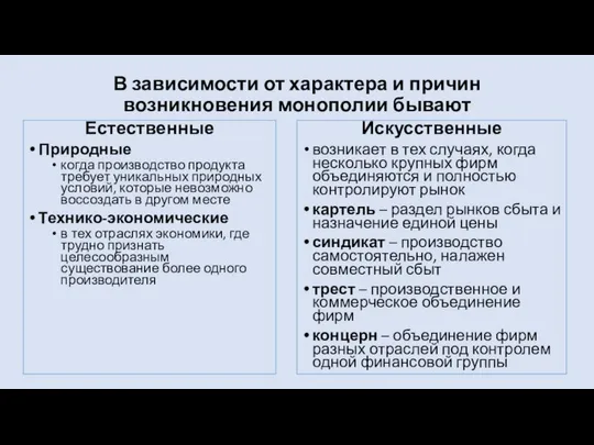 В зависимости от характера и причин возникновения монополии бывают Естественные Природные